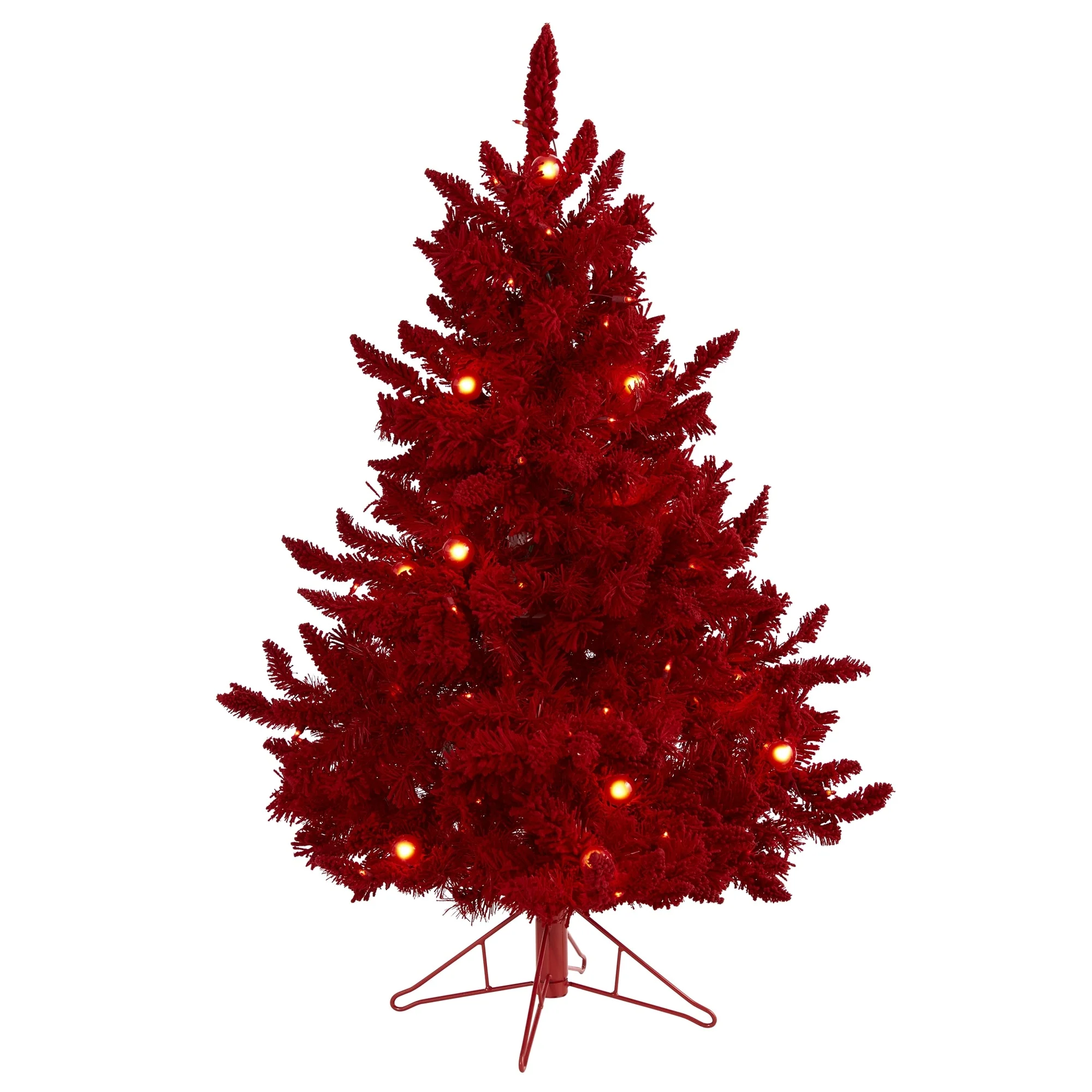 4' Red Flocked Fraser Fir Christmas Tree with 100 Red Lights