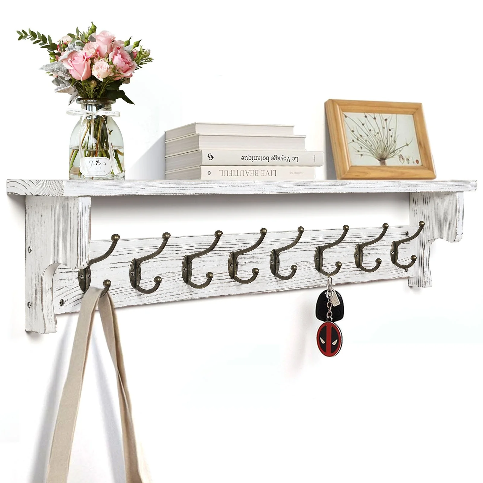 Rustic Wall Mounted Coat Rack with Storage Shelf & Metal Hooks