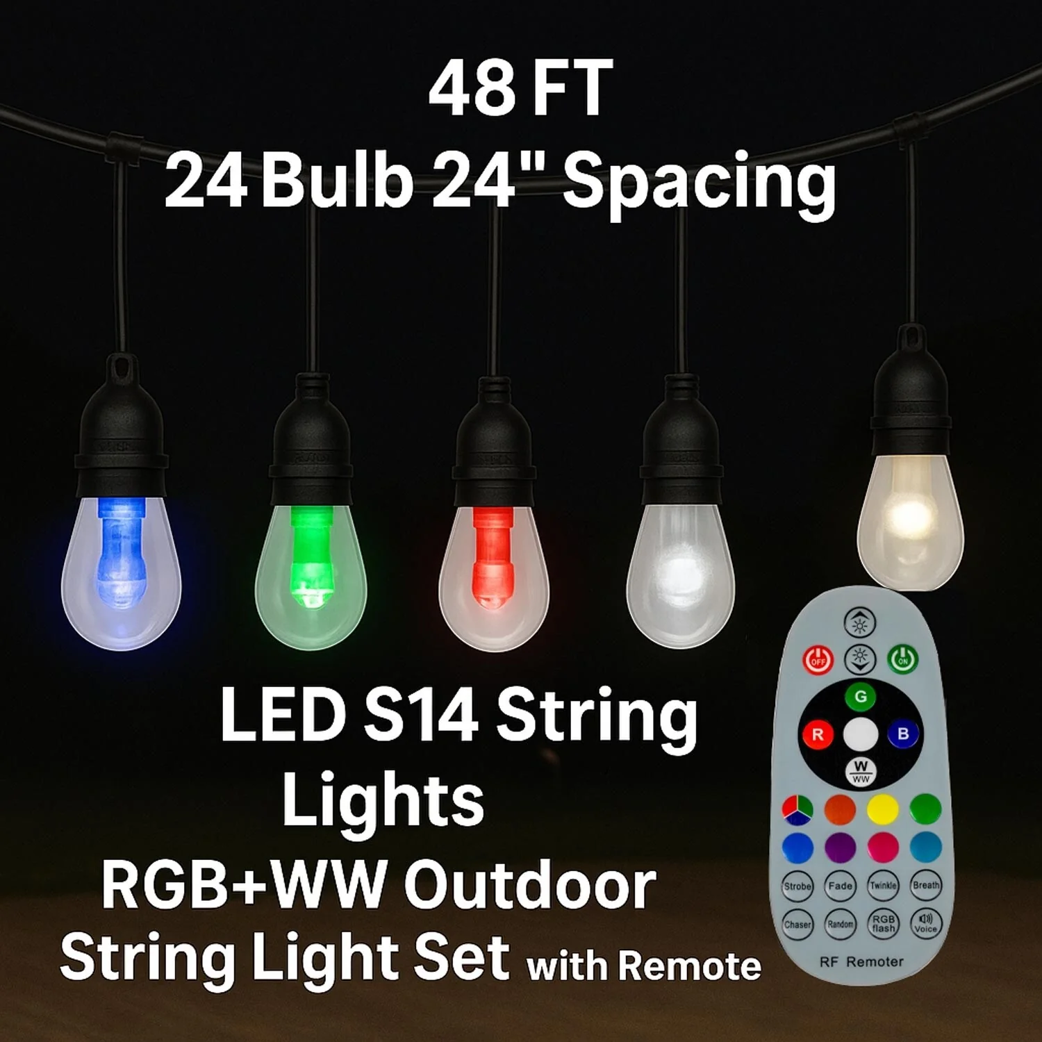 48FT S14 RGB+WW LED Color Changing Christmas String Light Set, Black Wire - BLACK WIRE