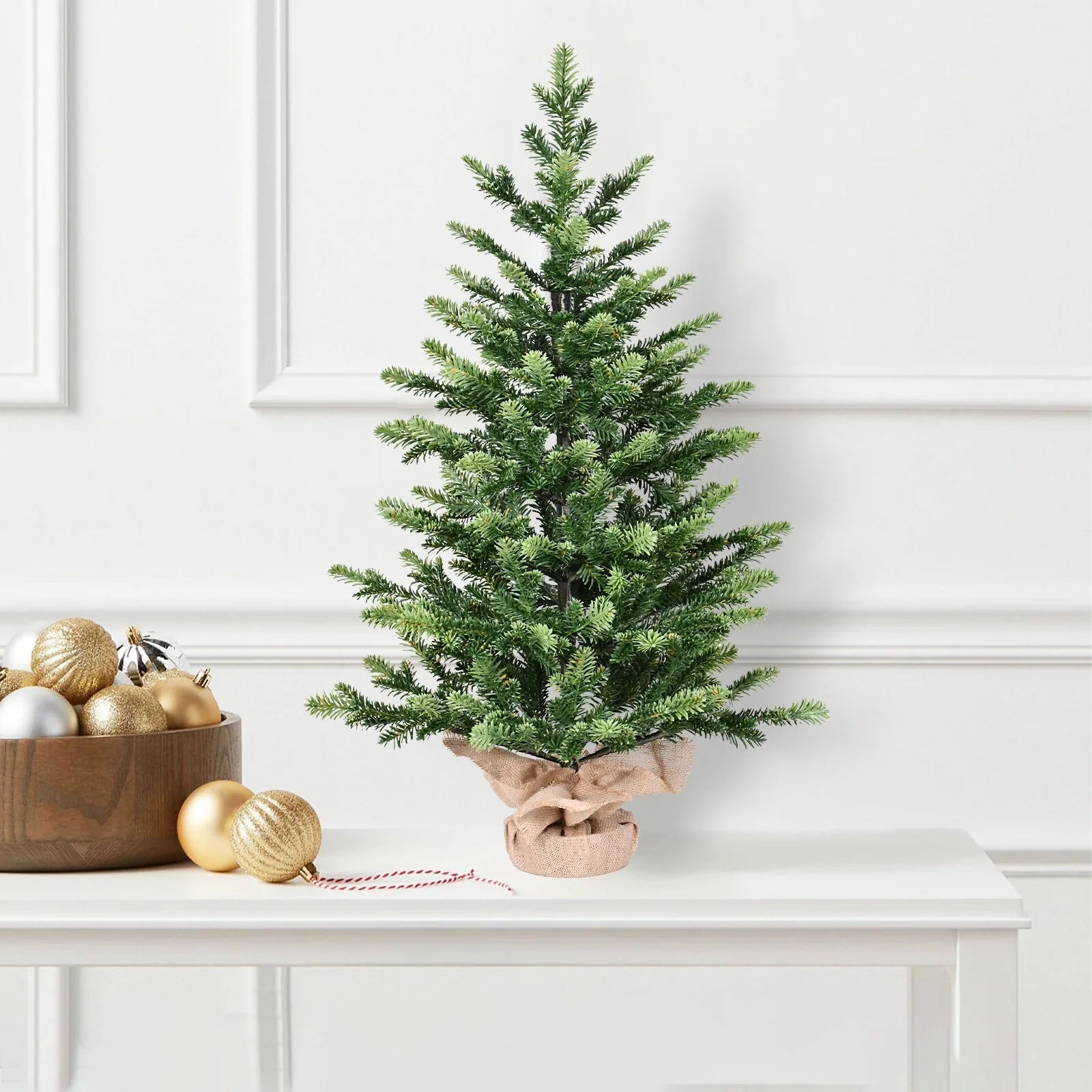 2FT Full PE Tabletop Christmas Tree with 230 Tips, Realistic Green Mini Tree with Plastic Cement-Filled Base