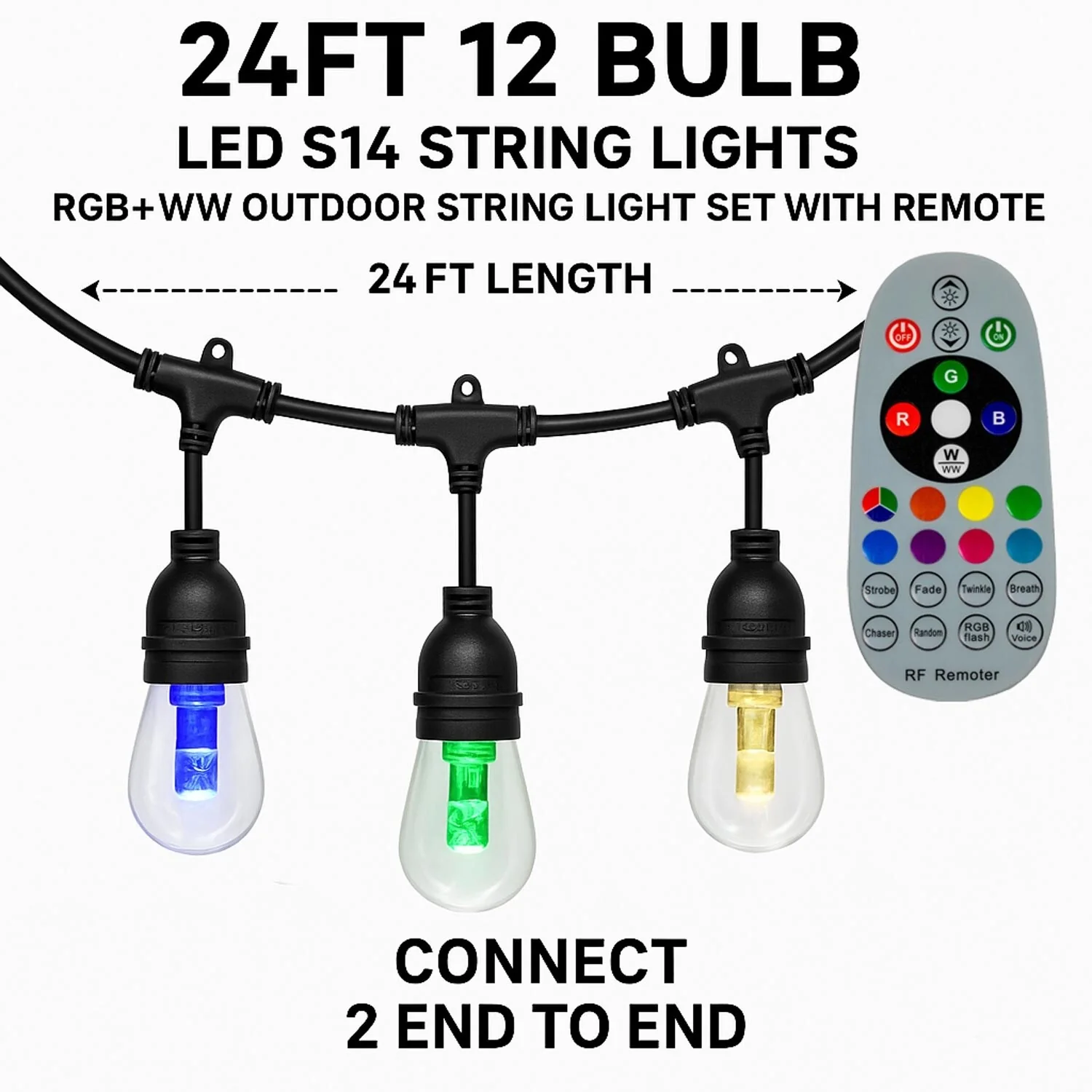 24FT S14 RGB+WW LED Color Changing Christmas String Light Set, Black Wire - BLACK WIRE