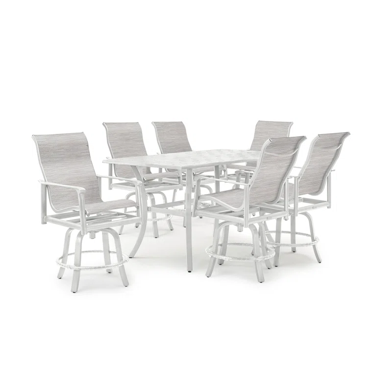 Aspen Sling 7 Piece Balcony Set with 6 High-Back Swivel Stools and Rectangular Table