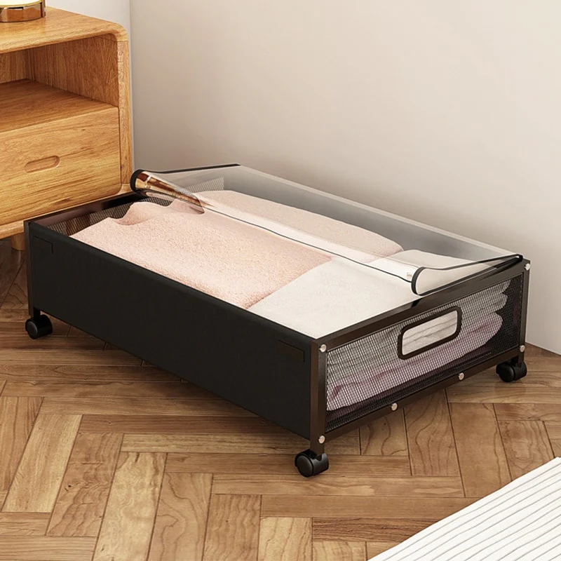 2Pcs Metal + Fabric Underbed Storage Rack Underbed Storage Trolley Bedroom Clothes Shoes Books Mobile Wheeled Box
