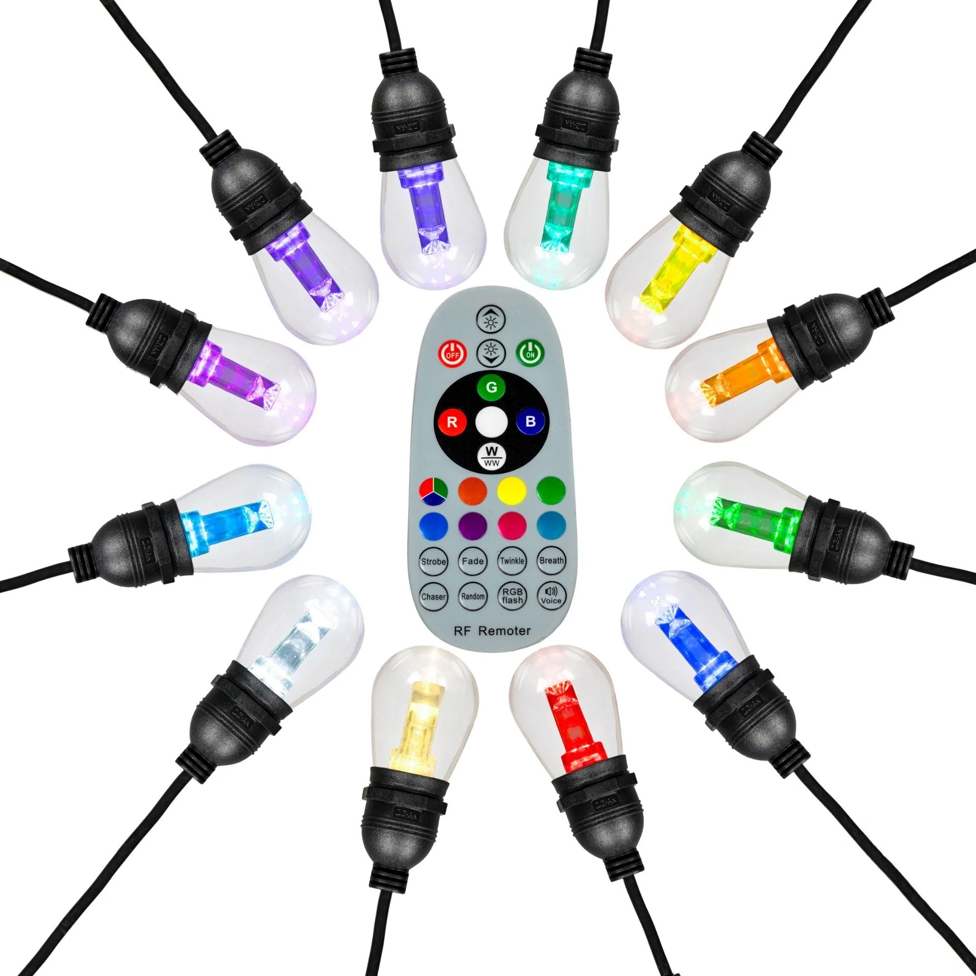 24FT S14 RGB+WW LED Color Changing Christmas String Light Set, Black Wire - BLACK WIRE