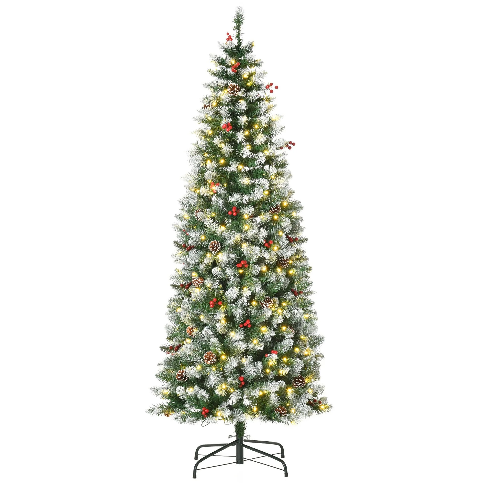 Snow-Dipped 6ft Pre-Lit Christmas Tree with Realistic Branches, 300 LED Lights, Pine Cones,Red Berries.