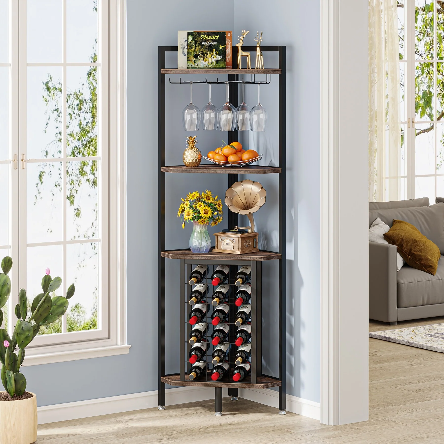 4-tier Freestanding Corner Wine Rack with Glass Holder and Storage Shelves