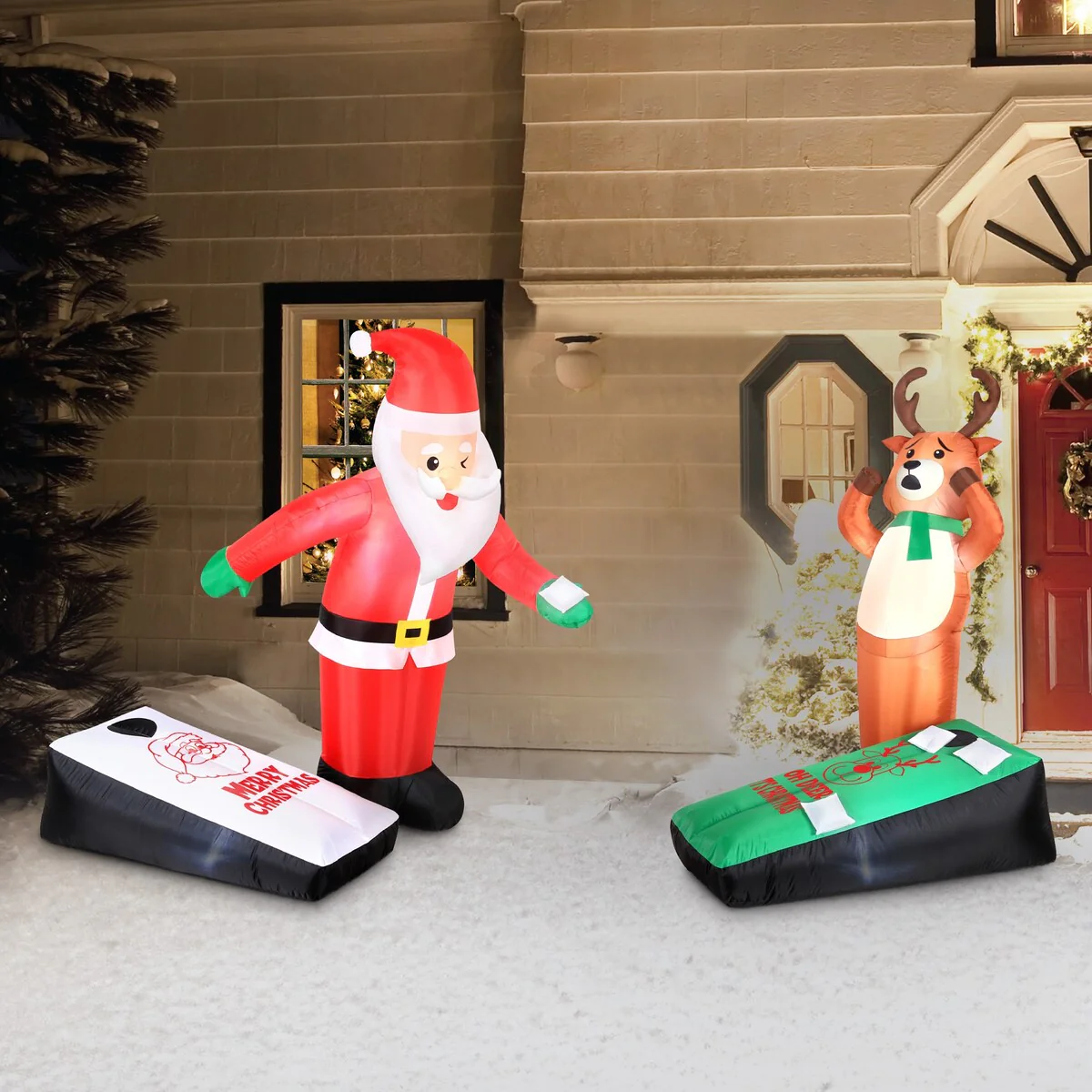 Occasions Airflowz Inflatable Santa And Reindeer Playing Cornhole, 5 ft Tallcolored