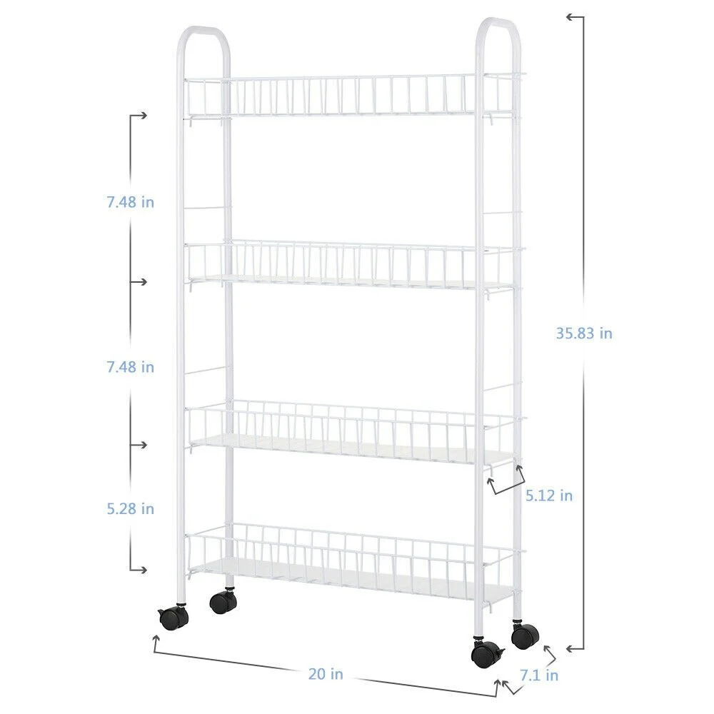 4 Tier Slim Slide Out Storage Rack with Wheels Storage Basket, White