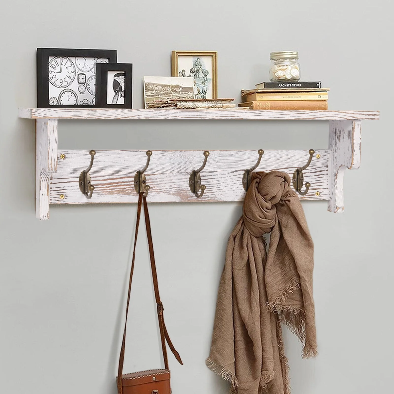 Rustic Wall Mounted Coat Rack with Storage Shelf & Metal Hooks