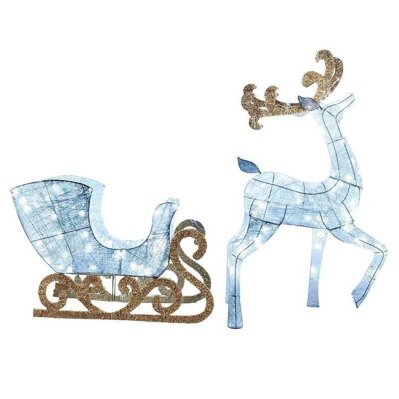 Joyfy Reindeer and Sleigh Christmas Decoration, 180 LED Lighted Outdoor Xmas Decor - White, Gold