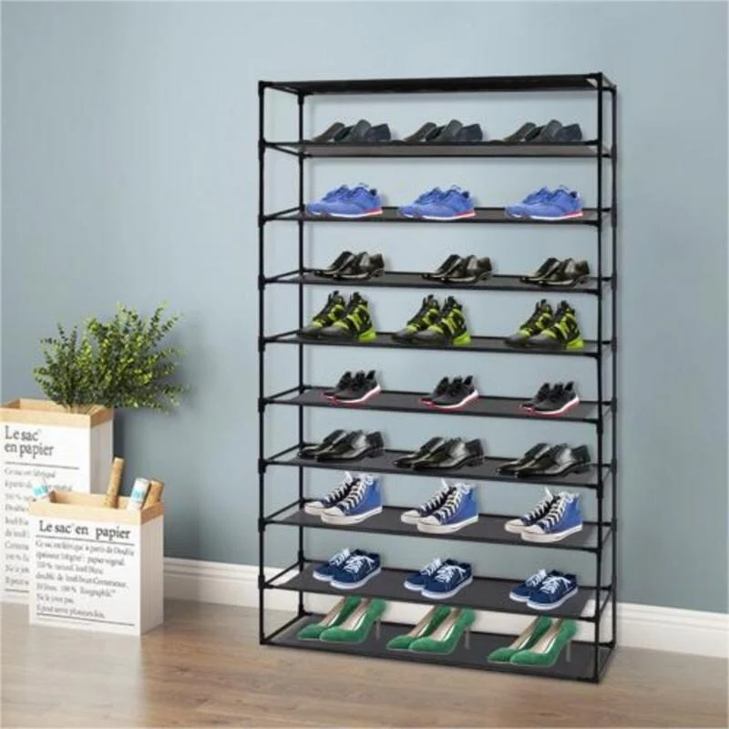 10 Tier Shoe Rack Detachable Non-Woven Waterproof Fabric Shoe Organizer Tower Space Saver Stackable Storage Shelf (Black)