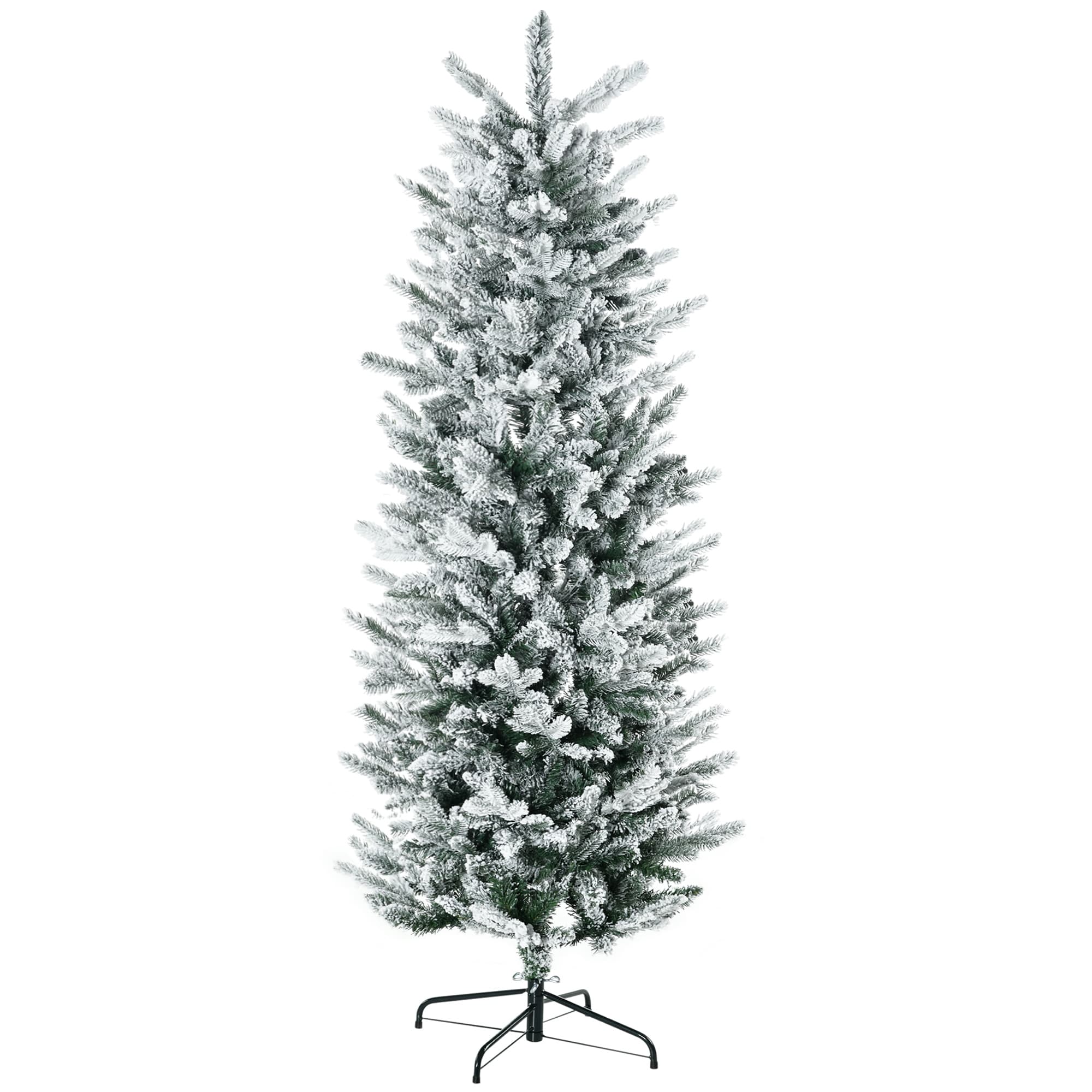 Unlit 6ft Snow-Flocked Pencil Artificial Christmas Tree with Auto-Open Design, Ideal Holiday Decoration