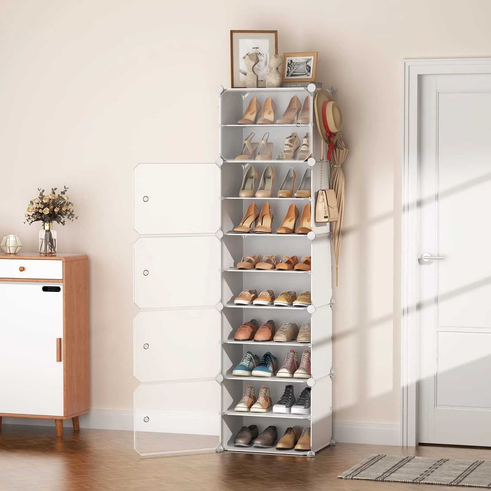 10 Tier Shoe Storage Cabinet with Door, Portable Narrow Organizer Rack for 20 Pairs, White Plastic with Hooks for Entryway