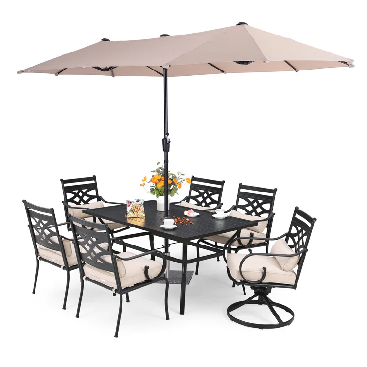 Alyah 6 - Person Outdoor Dining Set with Umbrella Featuring 2 Swivel Chairs