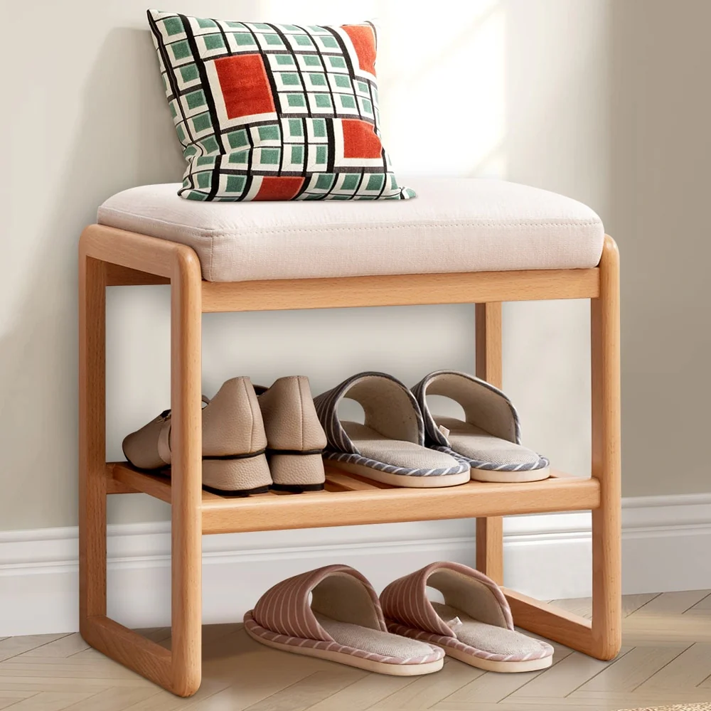 Solid Wood Shoe Bench with Sponge Cushion, Shoe Rack for Entryway - 23