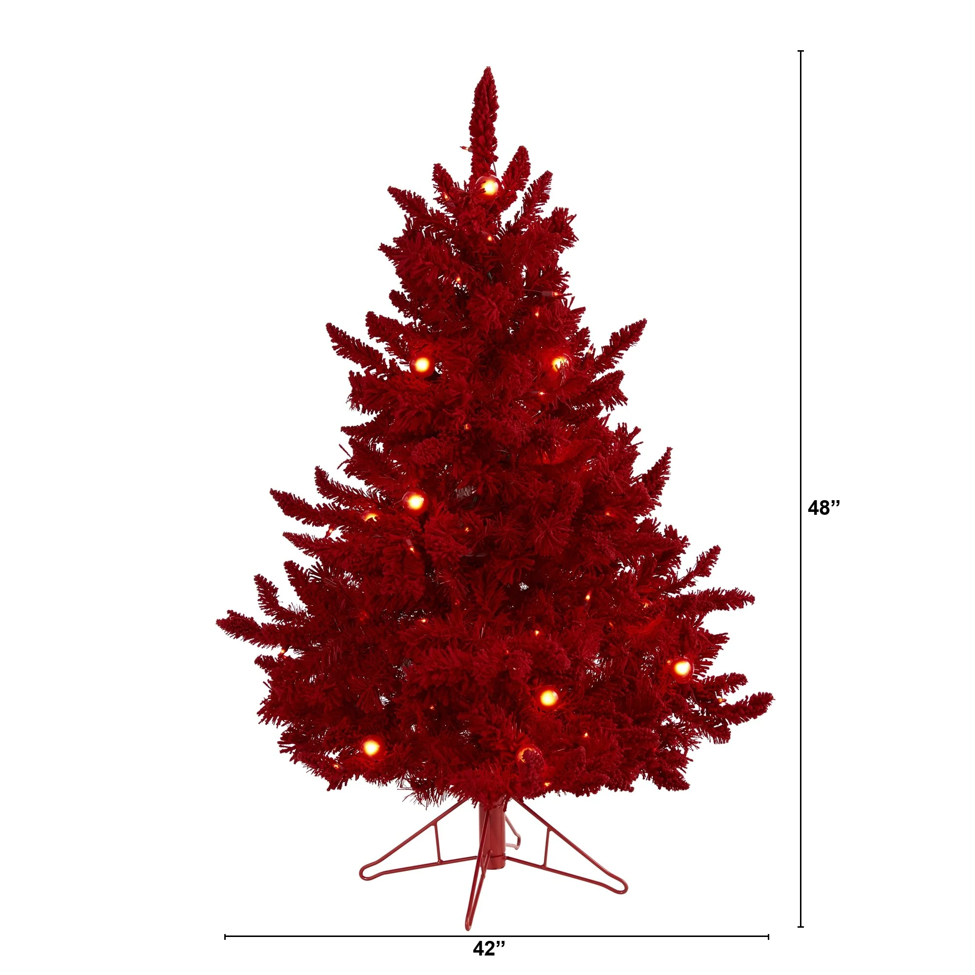 4' Red Flocked Fraser Fir Christmas Tree with 100 Red Lights