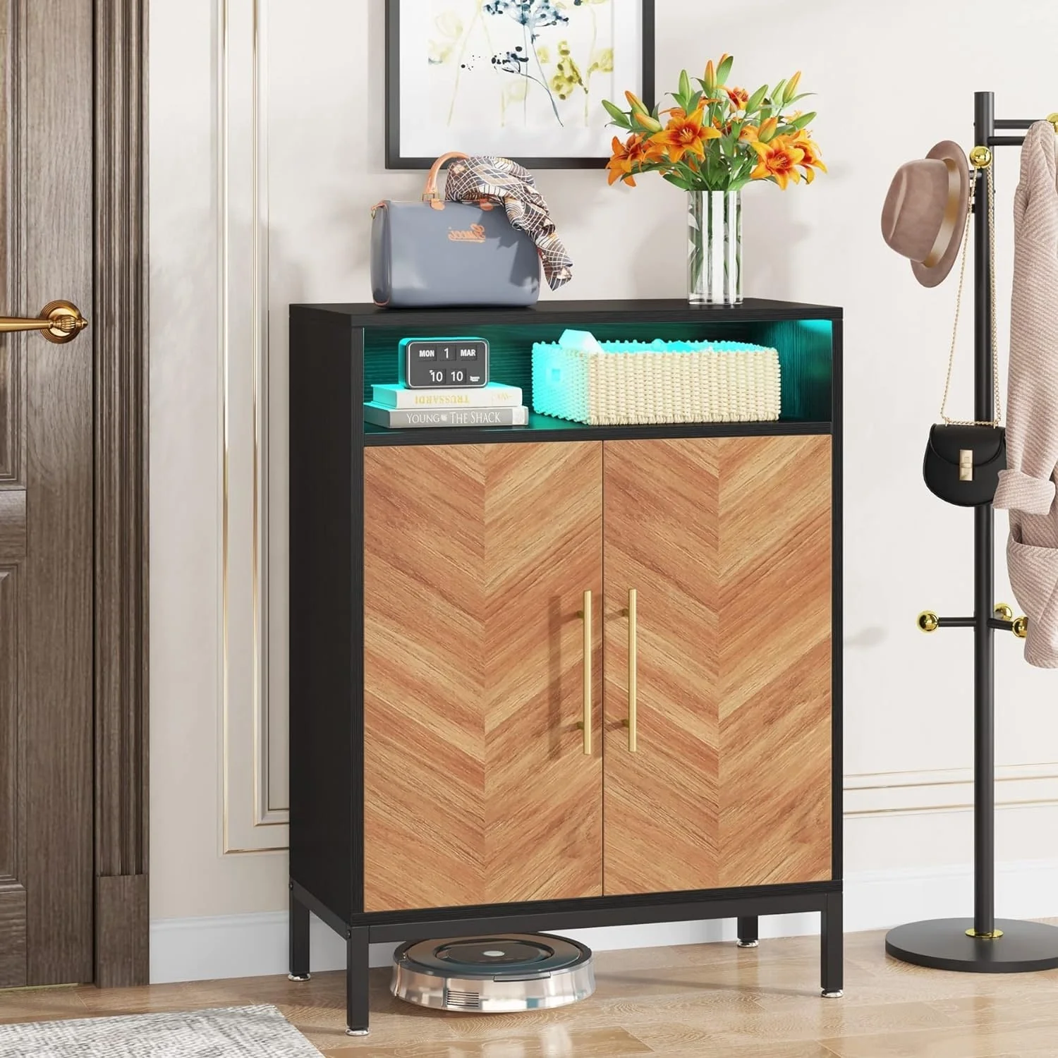 16 Pairs Shoe Cabinet with Doors, 5-tier Entryway Cabinet with Led Light, Free Standing Shoe Racks