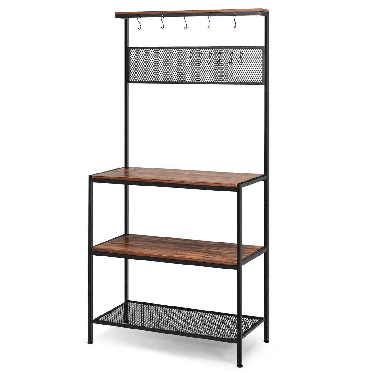 4-Tier Bakers Rack Kitchen Rack Stand with Hooks and Mesh Panel