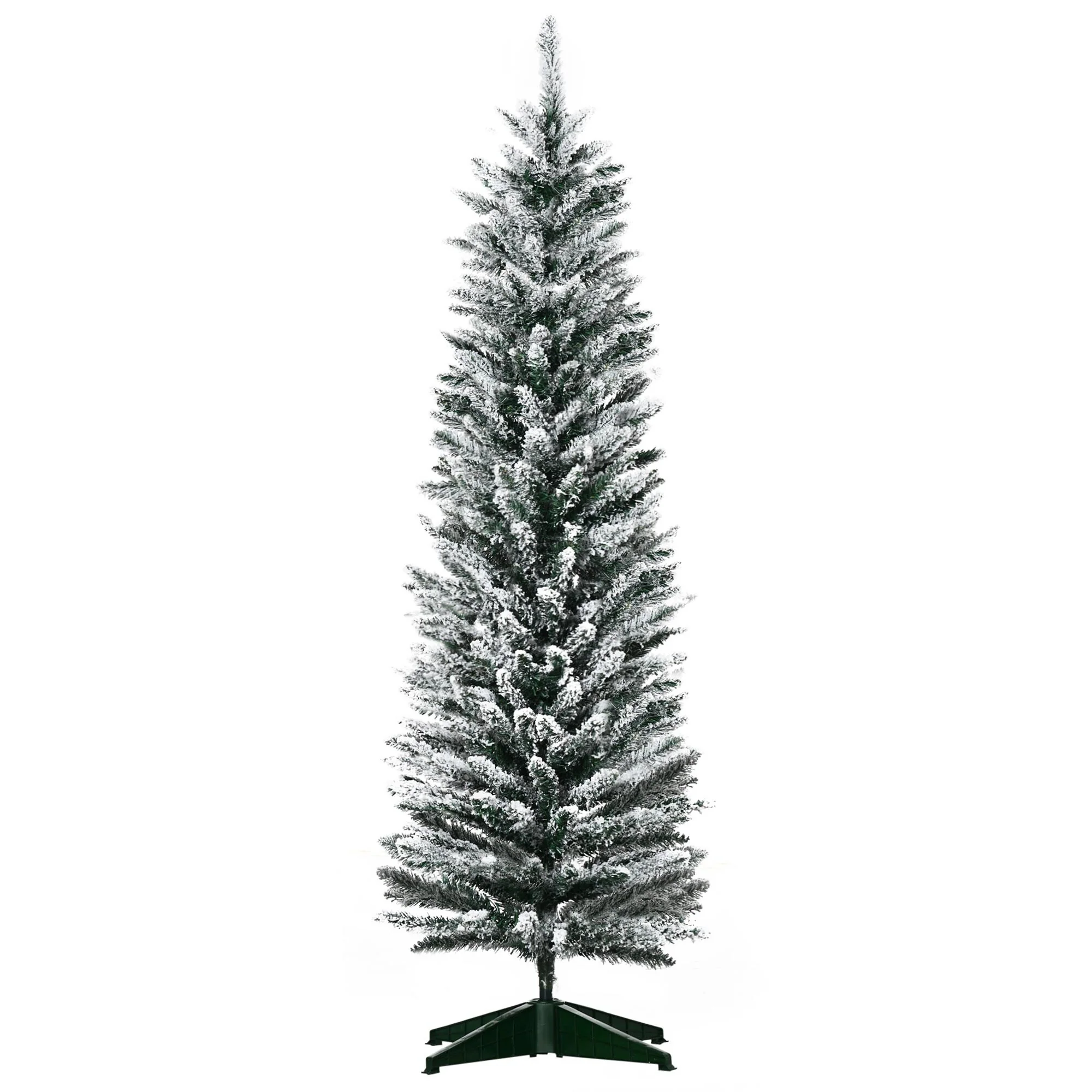 Unlit 5' Snow Flocked Pencil Christmas Tree, Space-Saving Slim Design with Plastic Base Stand