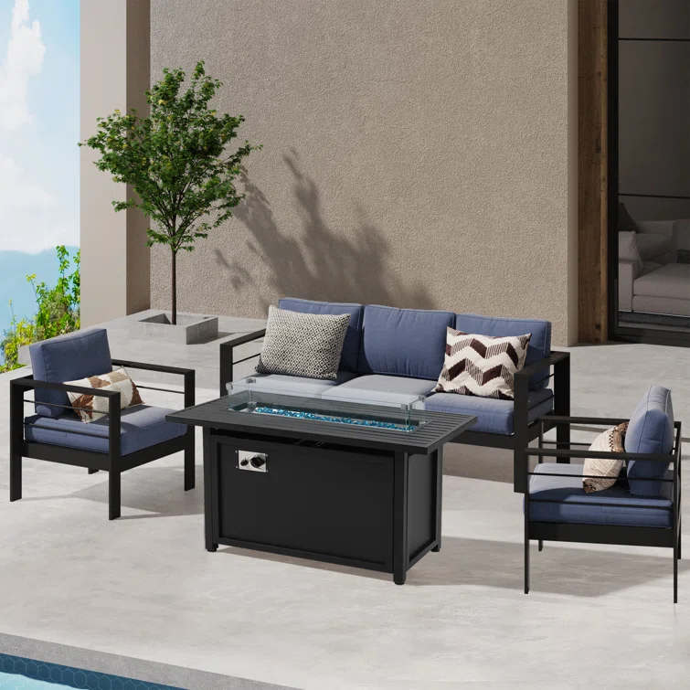 5 - Person Sofa Seating Group With Cushions and Fire Pit Table