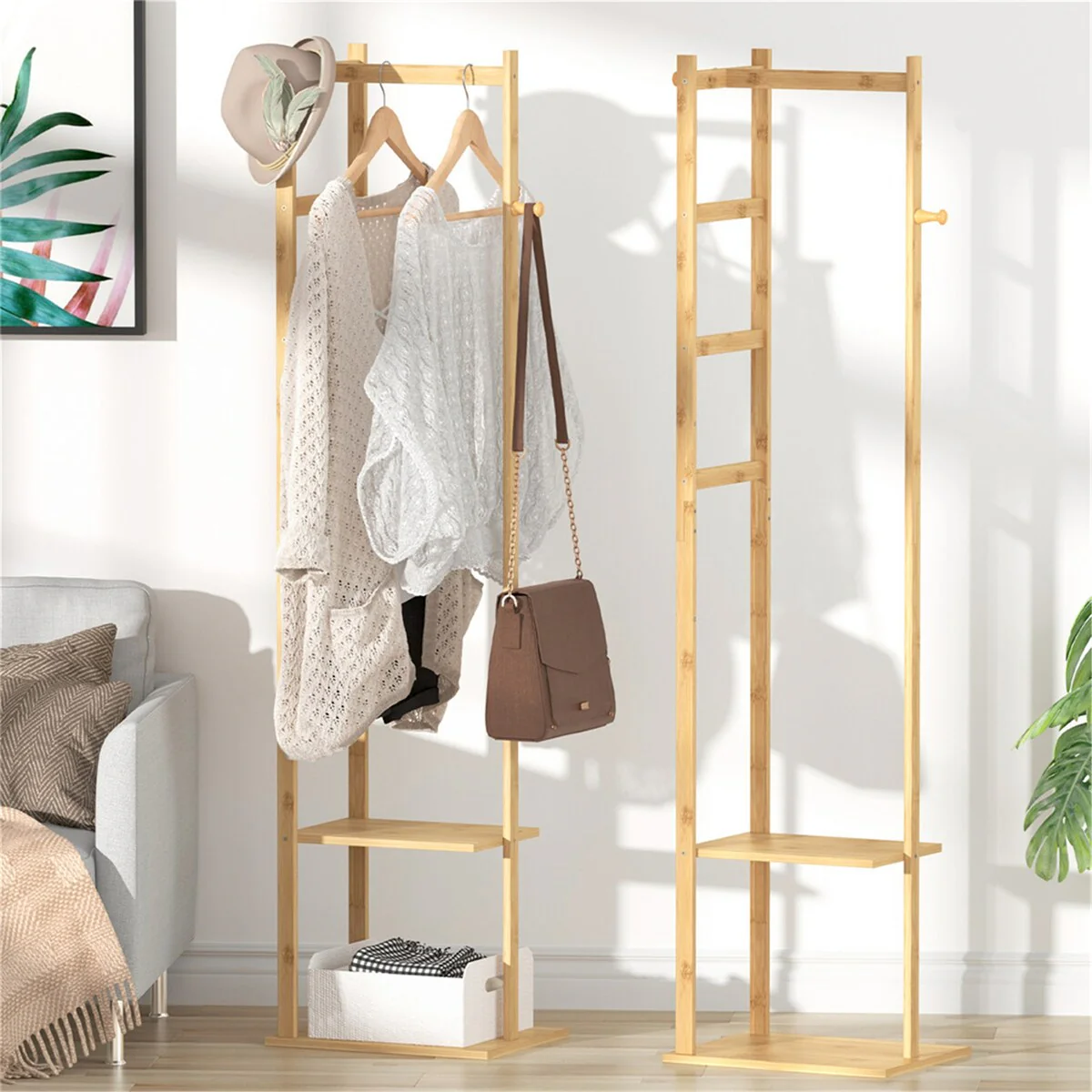 4 in 1 Bamboo Freestanding Entryway Coat Rack Stand with Storage Hooks - N/A
