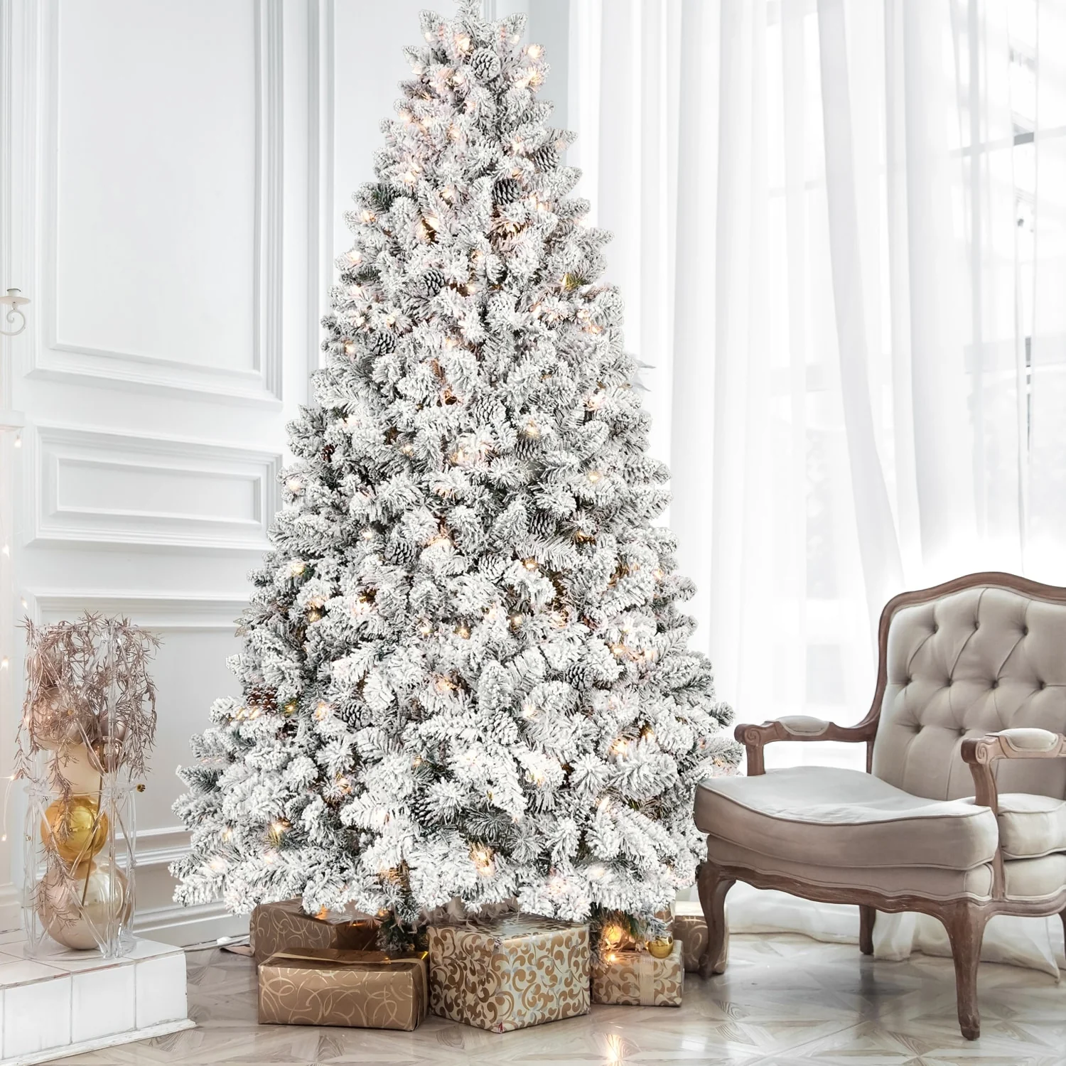 Snow-Flocked Christmas Tree with Pine Cones, Hinged Branches, Prelit, Metal Stand - 6ft to 9ft Sizes