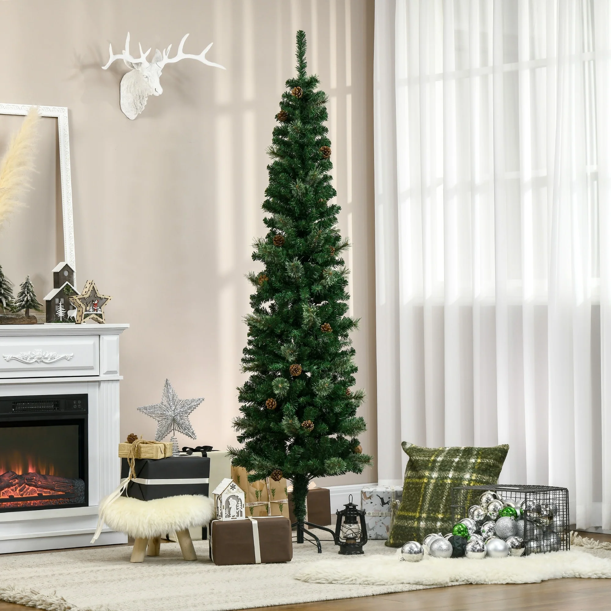 Unlit 6.5ft Pencil Christmas Tree Slim with Realistic Pine Needles for Small Spaces