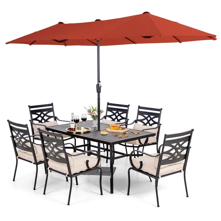 Aivo 6 - Person Rectangular Outdoor Patio Dining Set with Umbrella, Cushions & Pillows