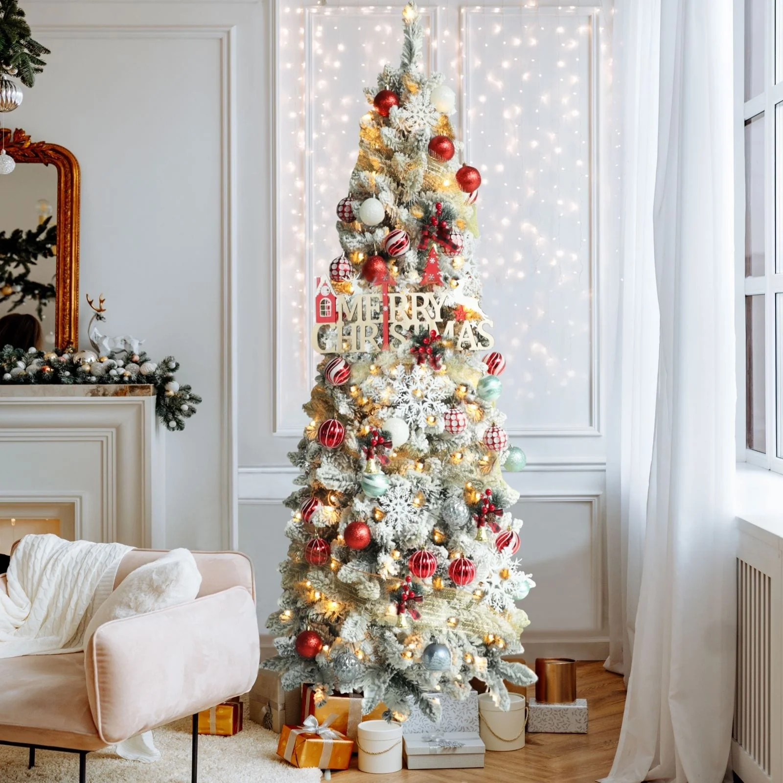 VEIKOUS Pre-Lit Artificial Christmas Tree Pencil Snow with Foldable Iron Stand with LED lights, 5.5/6.5/7.5 ft