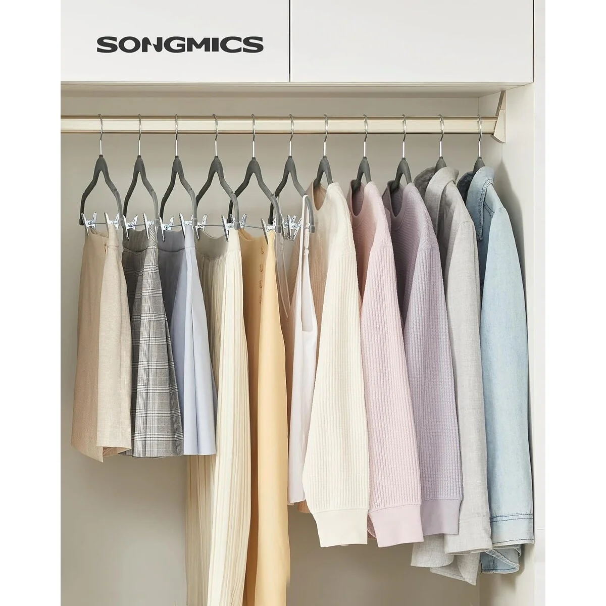 SONGMICS 30 Packs Velvet Hangers Skirt Pants Hangers with Adjustable Clips Non Slip Space Saving Clothes Hangers for Gray