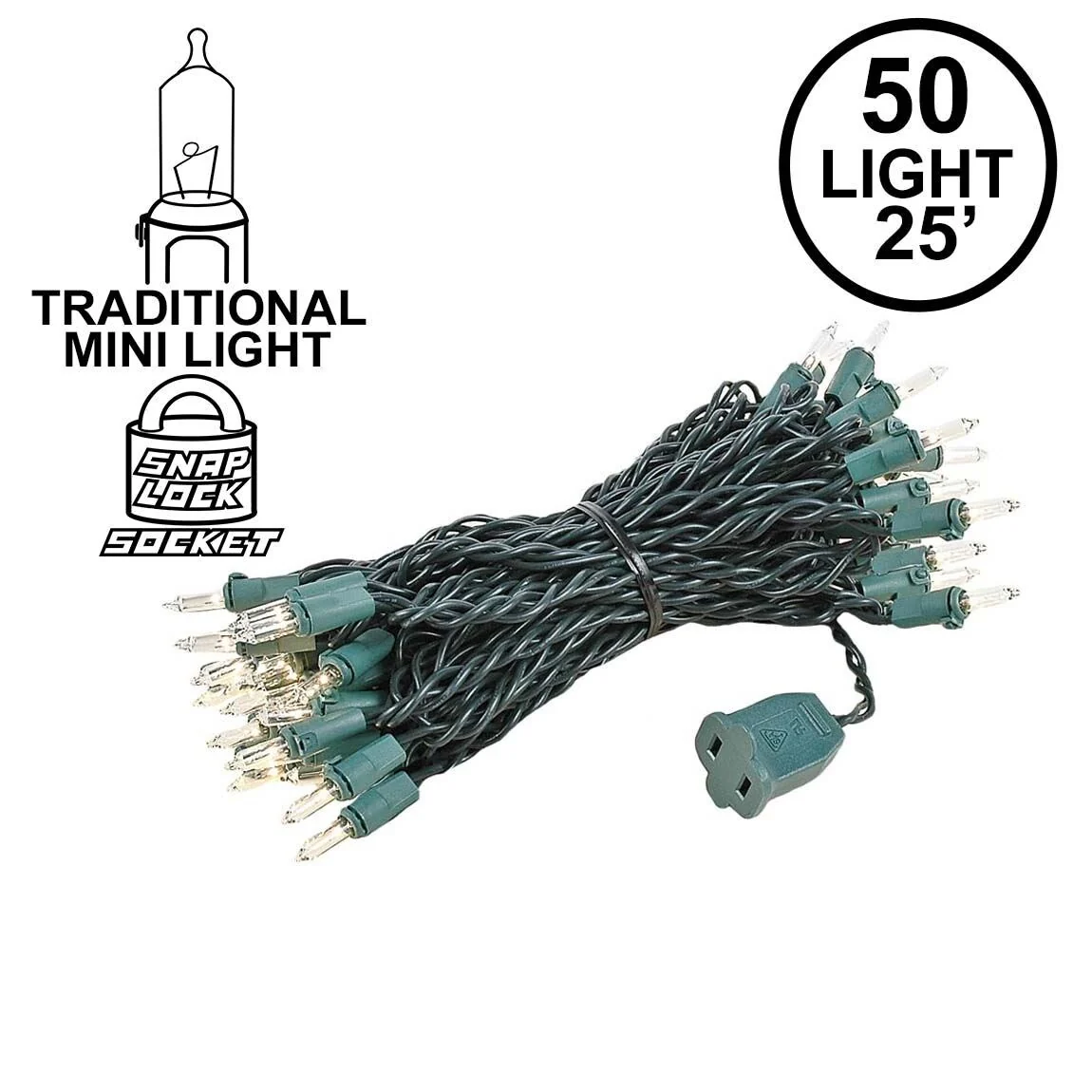 50 Light Christmas Mini Light Set, Green Wire, 25' Long