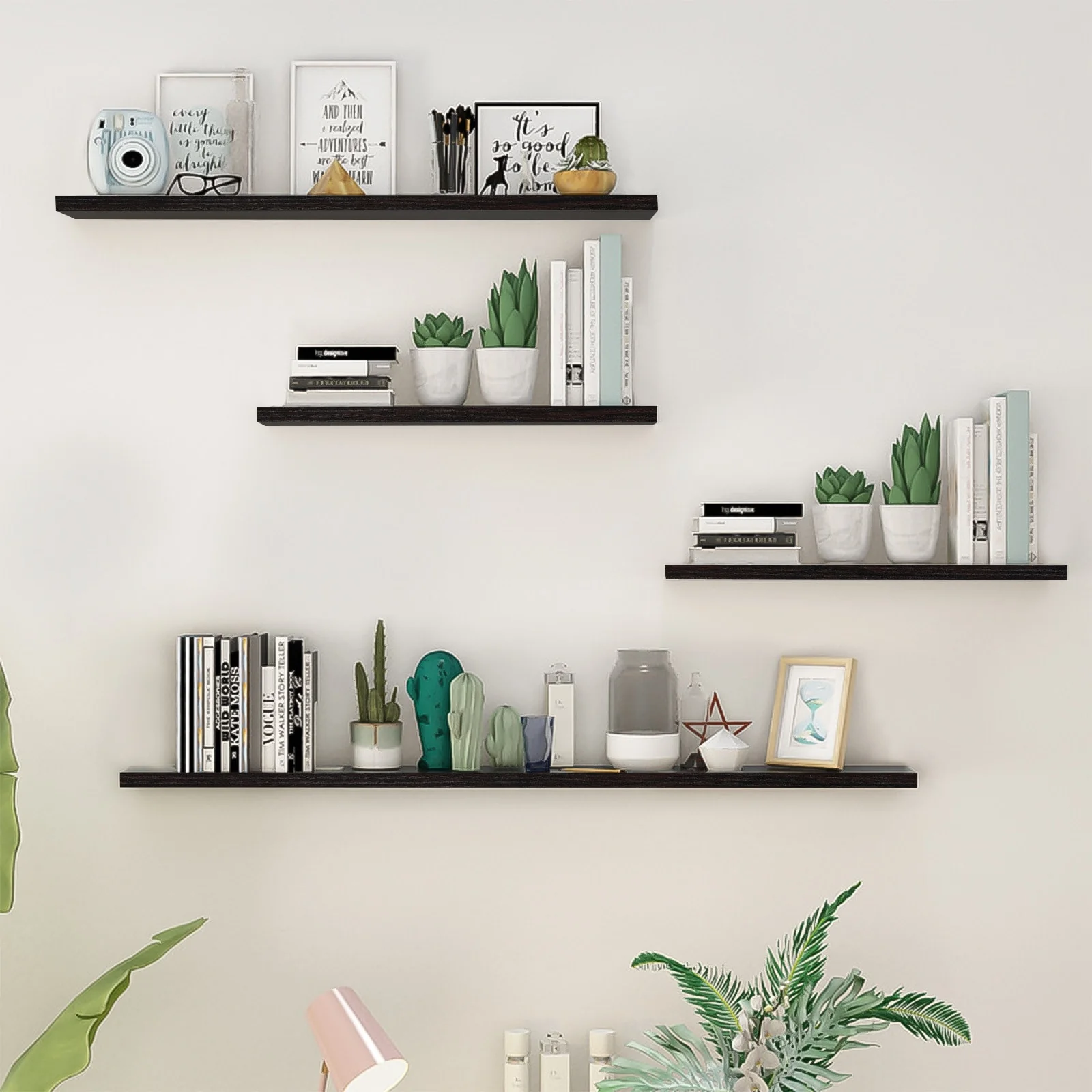 4Pcs Wood Floating Shelves Wall Mounted White Black Storage Shelf Set Home Decor