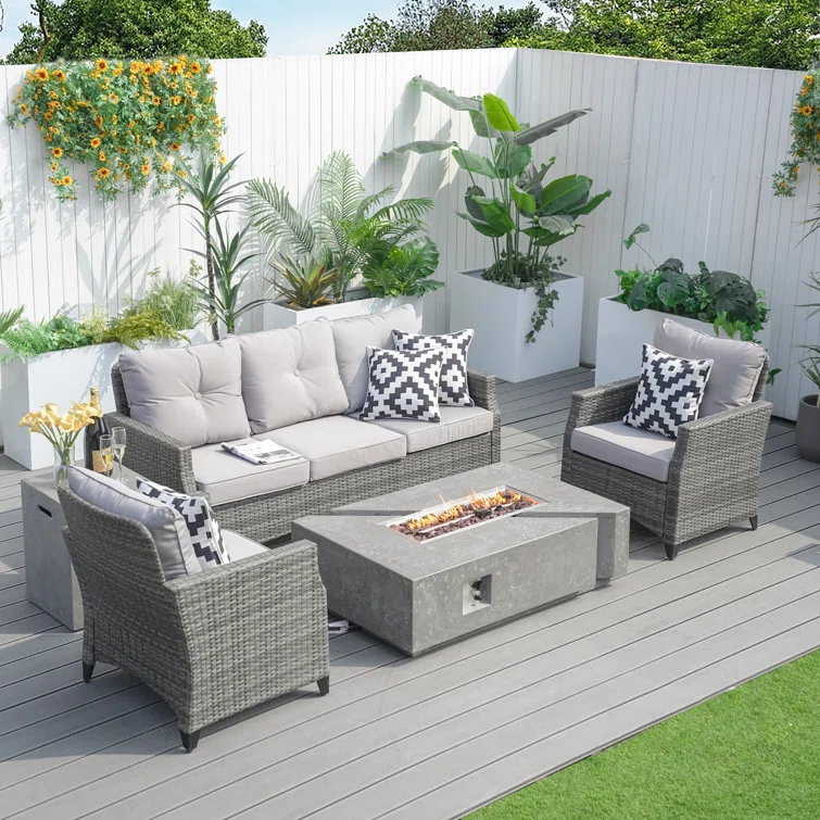 Julia 5- Person Outdoor Wicker Patio Conversation Furniture Set With Fire Pit