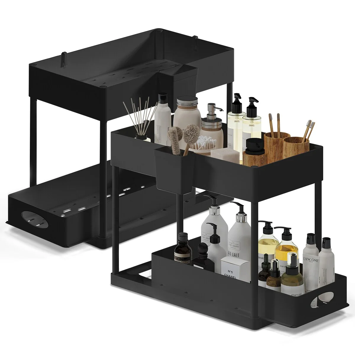 StorageBud 2 Tier Under Kitchen Sink Organizer with Sliding Drawer-Bathroom Cabinet Organizer with Utility Hooks and Side Caddy