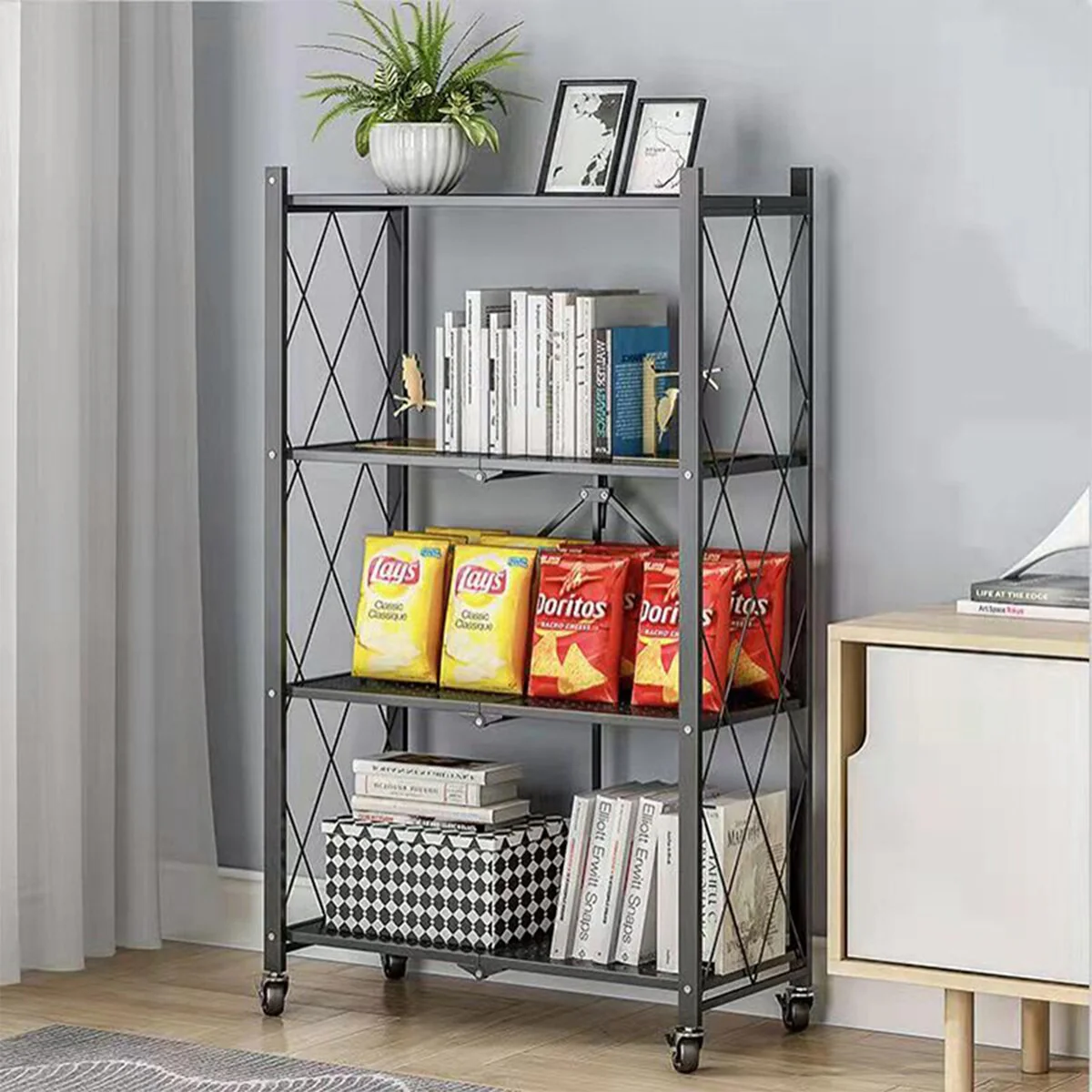 4-Tier Foldable Storage Shelving Unit, Heavy Duty Metal Shelf, Kitchen Shelf with 3 Hooks