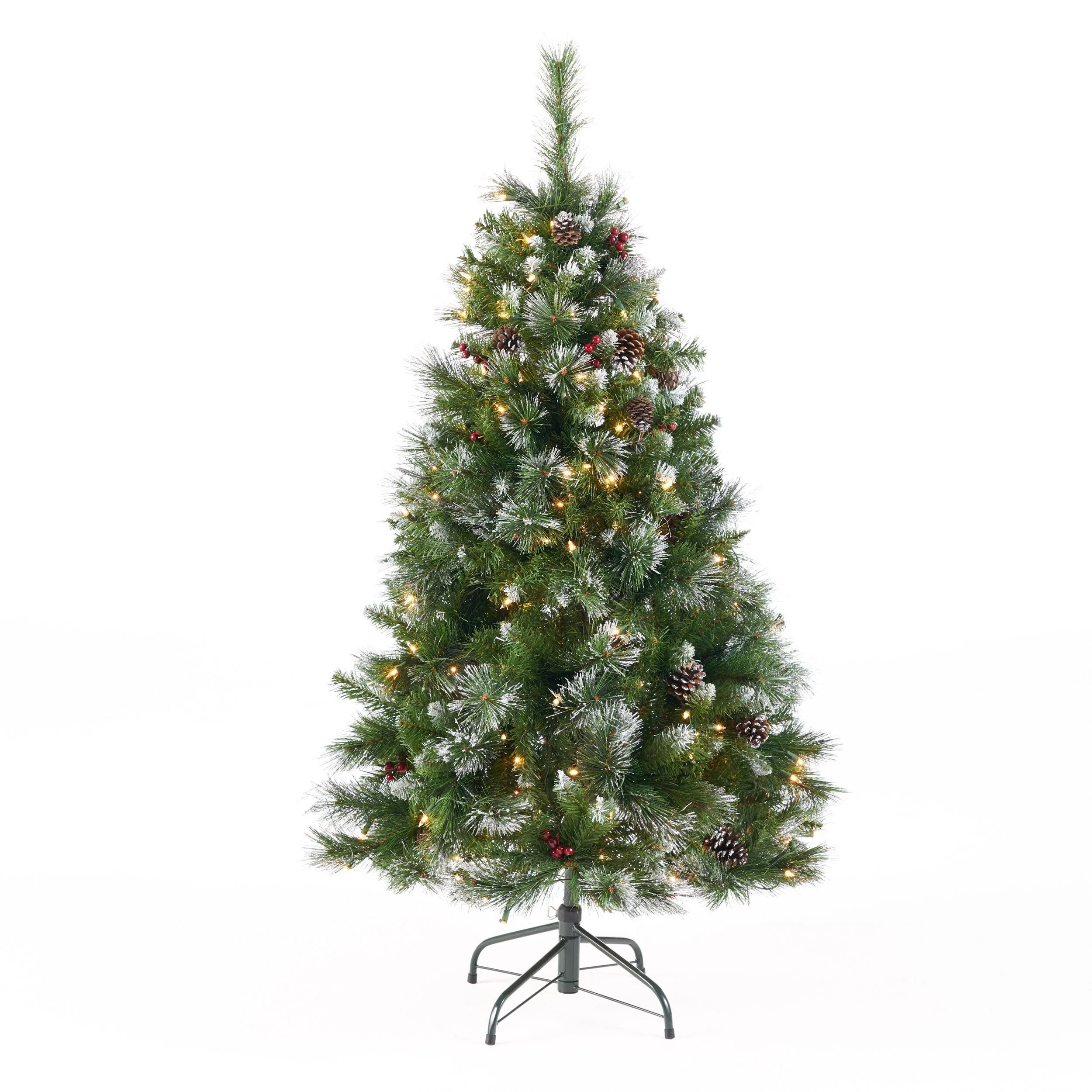 4.5' Glittered Bristle Hinged Christmas Tree with Pine Cones, Red Berries, and 200 Clear Lights