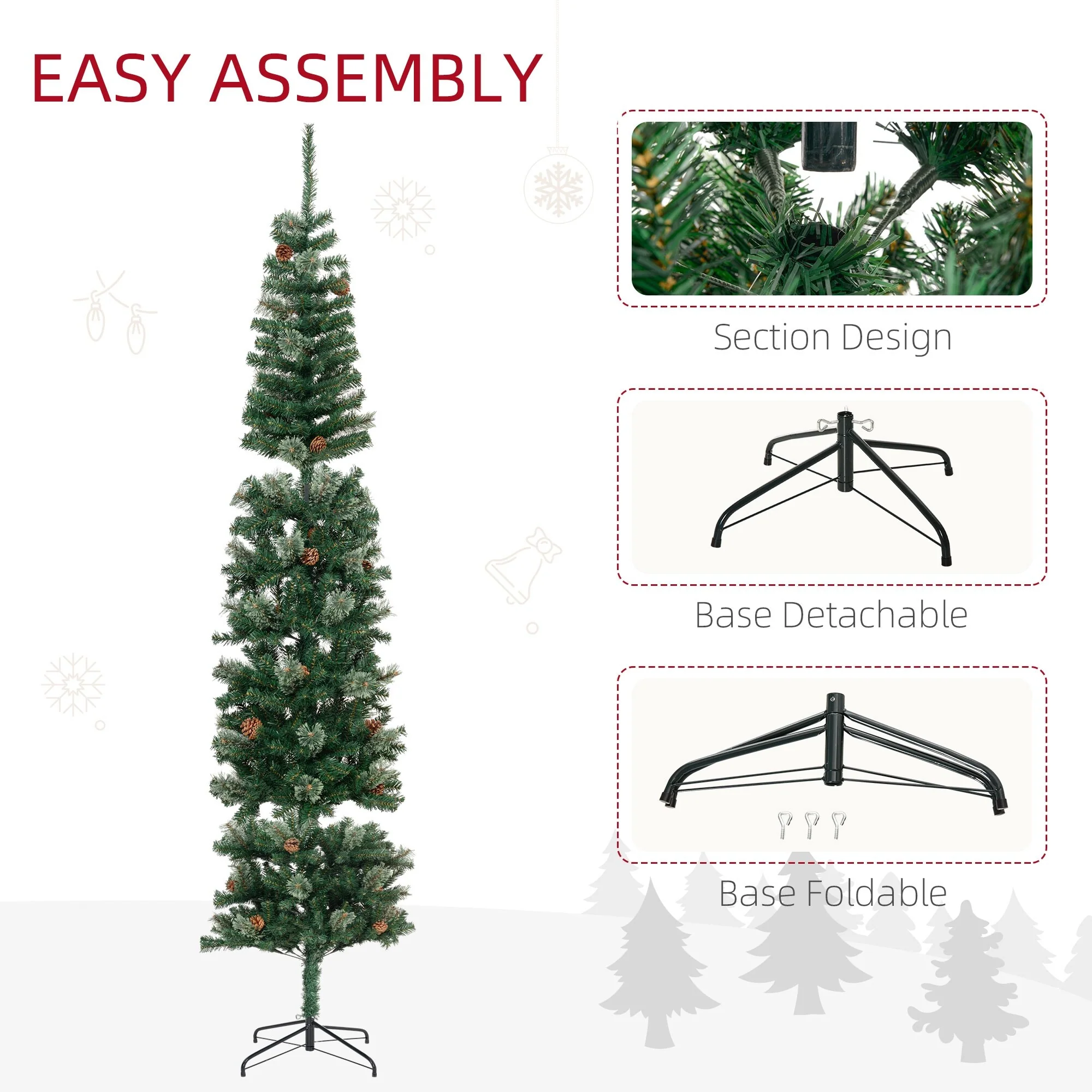 Unlit 9.5ft Pencil Christmas Tree with Lifelike Pine Needles, Pine Cones, and Stable Metal Stand for Holiday Decor