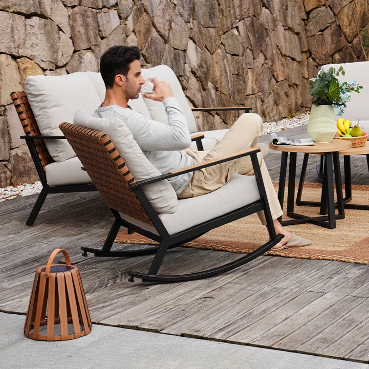 Buzby 5 Person Steel Conversation Set With Faux Leather Wicker
