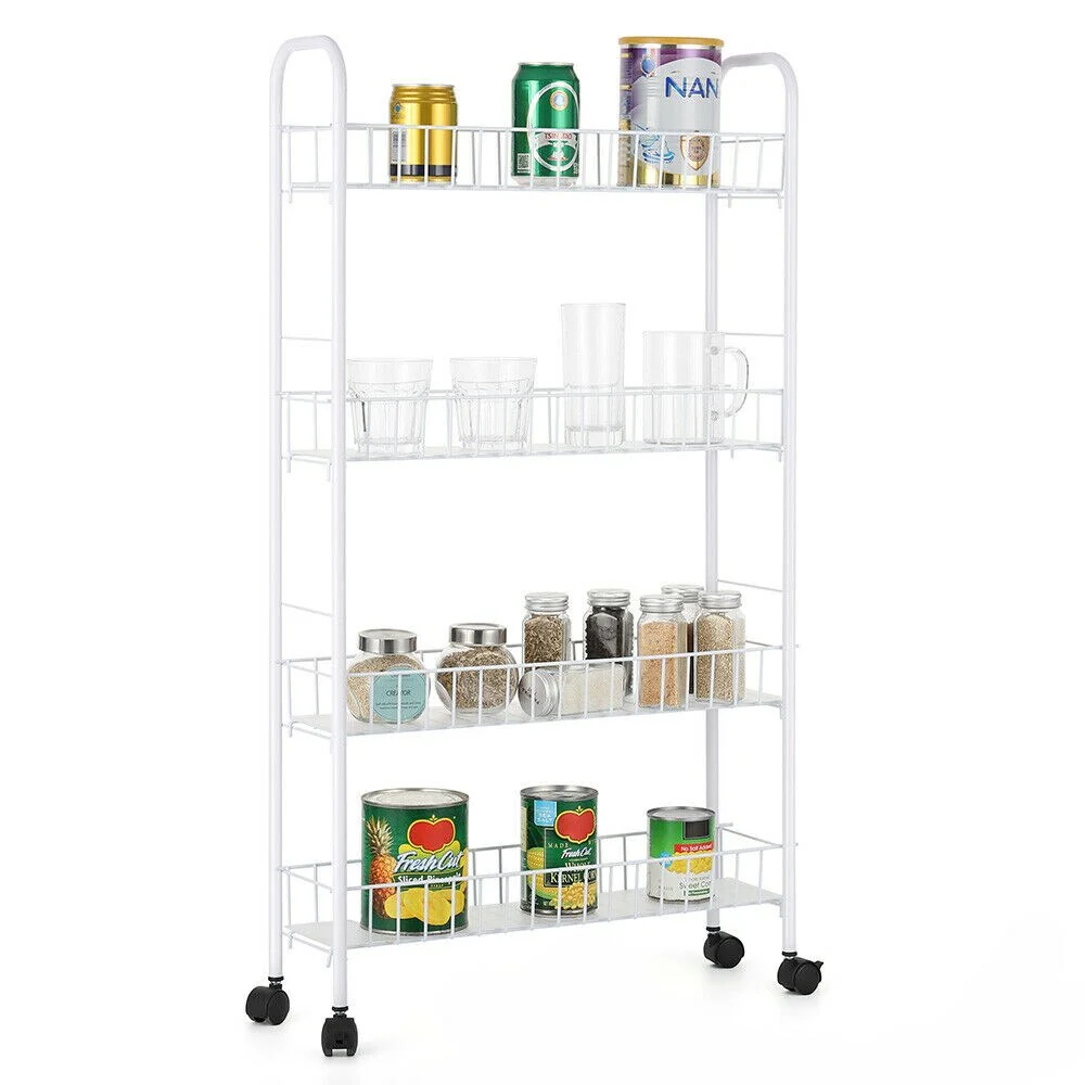 4 Tier Slim Slide Out Storage Rack with Wheels Storage Basket, White