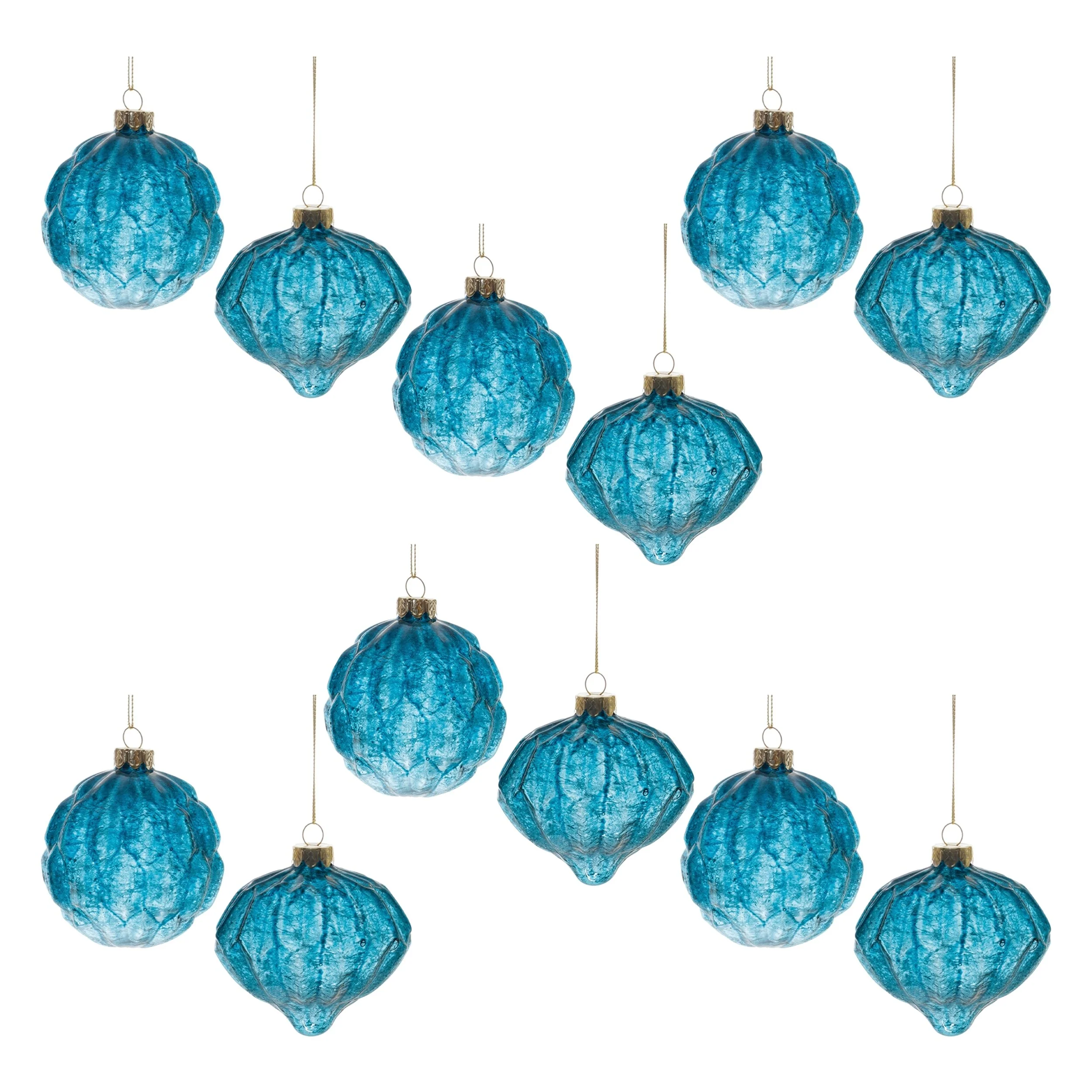 12-Piece Crackle Glass Ornament Set with Blue Harlequin Design for Holidays - 3