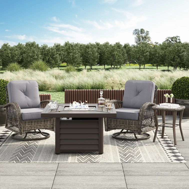 Baecher Wicker / Rattan 2 - Person Outdoor Seating Group with Swivel & Glider Chair Set and Aluminum Fire Pit Table