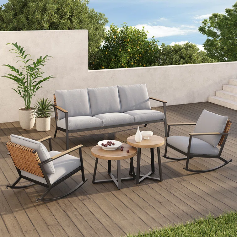 Buzby 5 Person Steel Conversation Set With Faux Leather Wicker