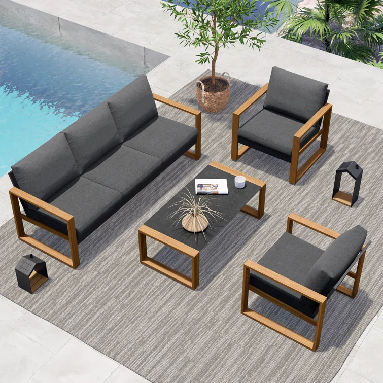 Arunas 5 Person Outdoor Conversation Furniture Set Seating Group with Wood Pattern and Cushions