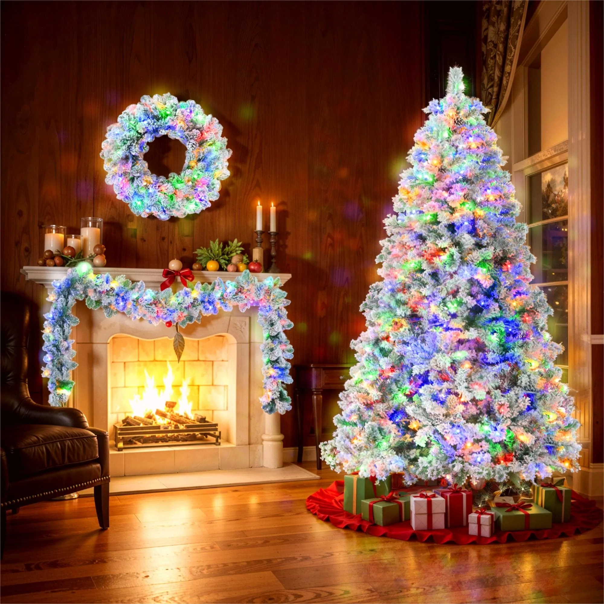 Snow Flocked 6FT Christmas Tree Set with Garland & Wreath, Colorful LED Lights, 8 Modes, Pine Cones - Perfect for Festive Home