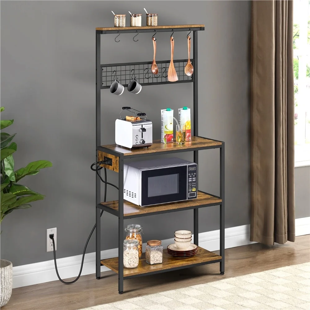 Yaheetech Kitchen Baker's Rack with Outlet Rustic Utility Storage Shelf Unit, Rustic Brown