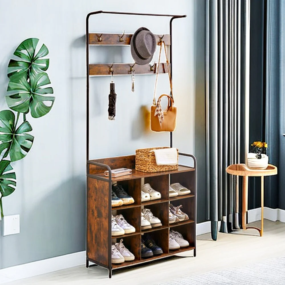 3-in-1 Entryway Coat Rack, Hall Tree with Shoe Rack, 7 Hooks - 11.5