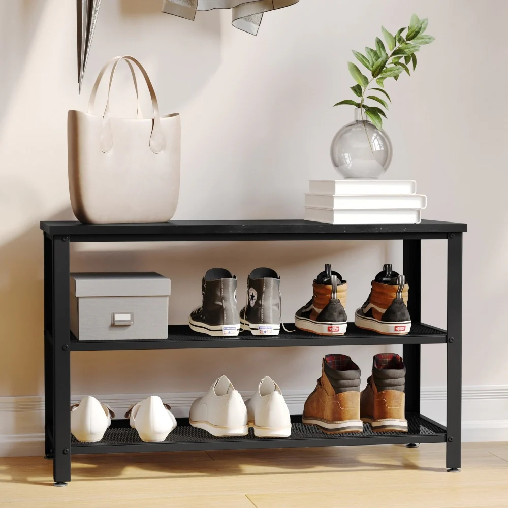 3-Tier Entryway Bench with Mesh Metal Shoe Storage Shelves