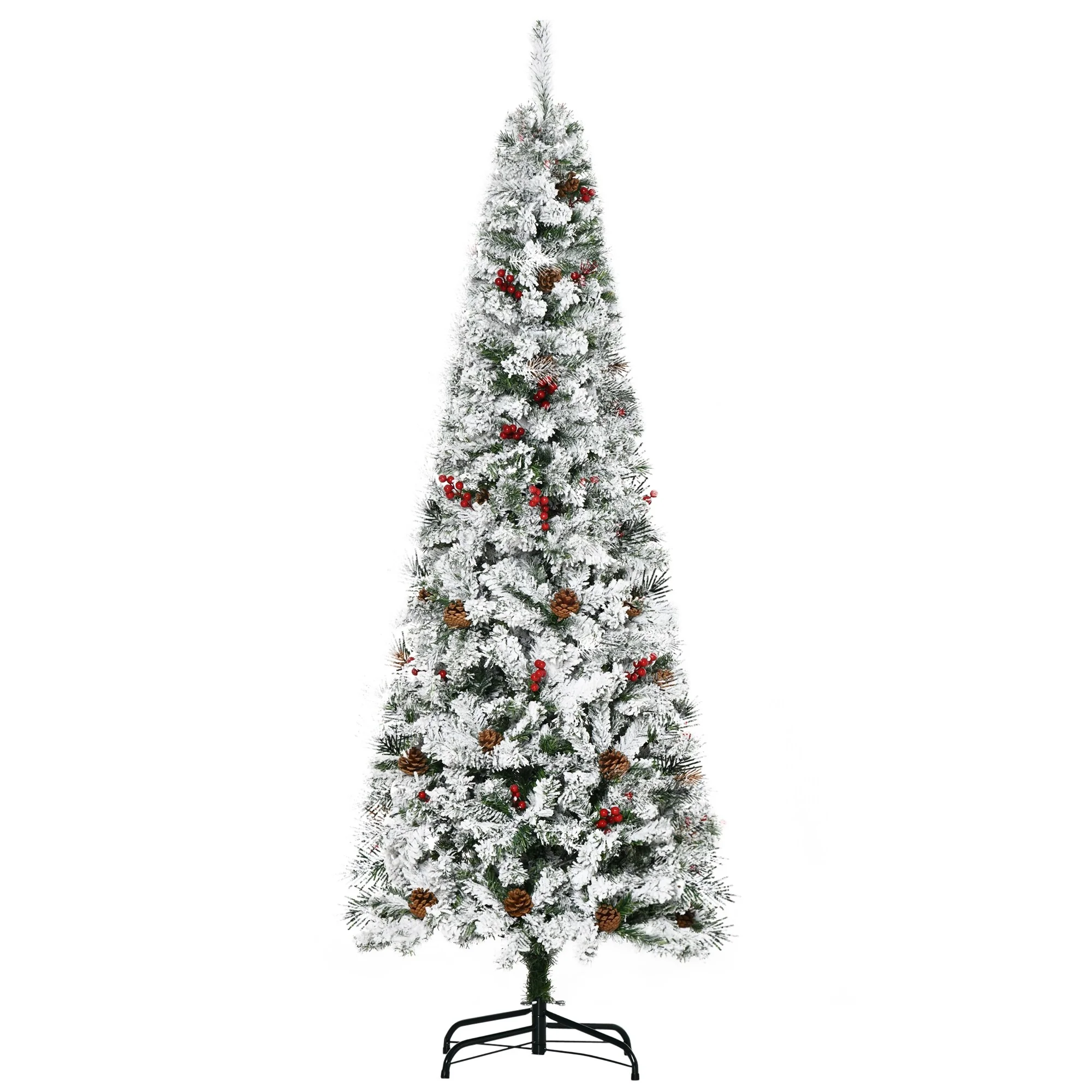 Unlit 6ft/7.5ft Snow-Flocked Pencil Christmas Tree, Pine with Realistic Branches, Pine Cones, and Red Berries