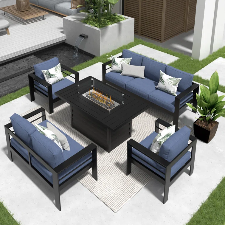 Brandtley 7 - Person Sofa Seating Group with Cushions and Fire Pit Table