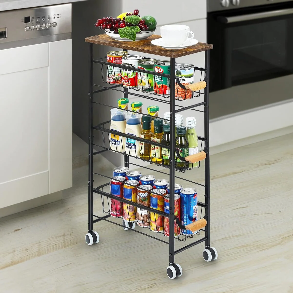 4-Tier Slim Storage Cart with Slide-Out Wire Baskets - 1PCS